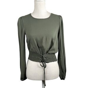 Love Fire Olive Boho Smocked Waist Front Tie Long Sleeve Top Size Small